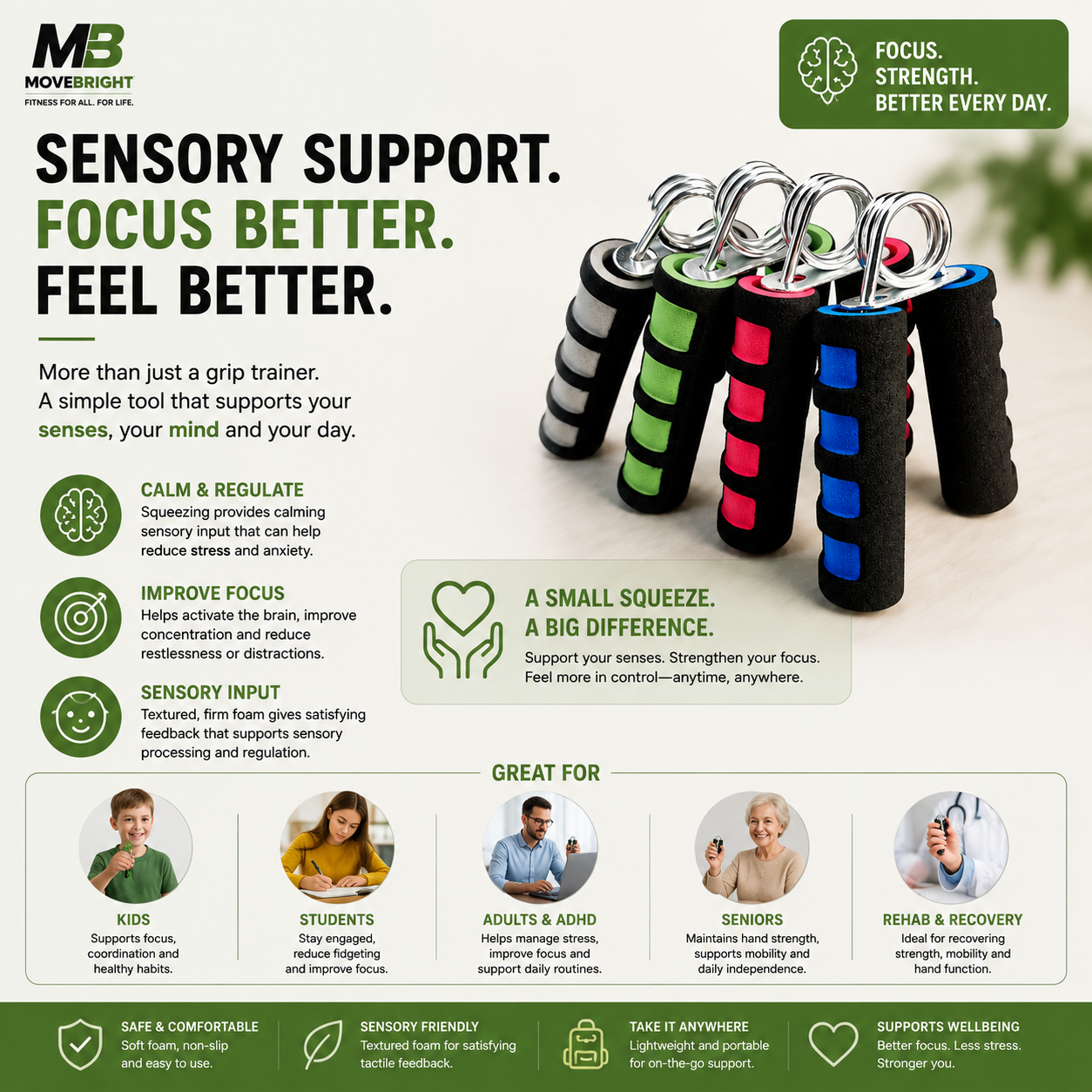 MoveBright Hand Grip Strengthener – Sensory Fitness Tool for Focus, Strength & Wellbeing